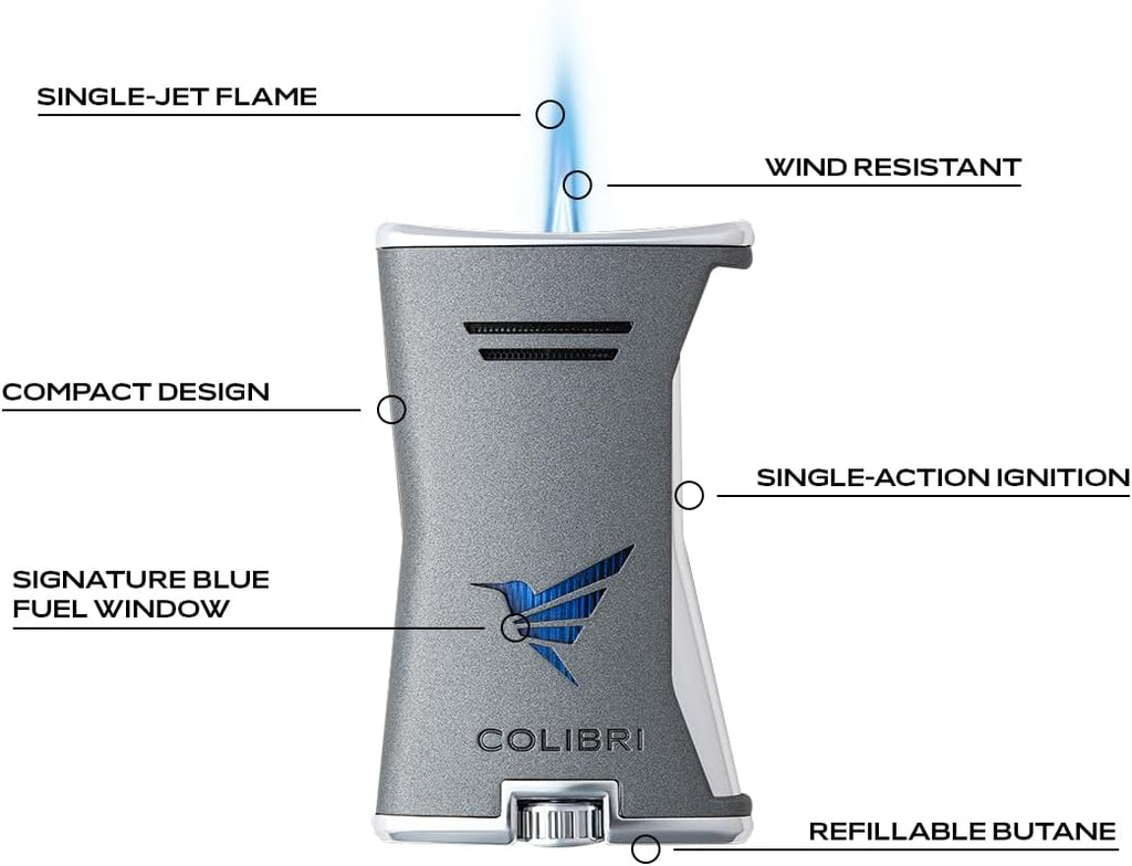 Colibri Premium Slim Torch Lighter - Windproof & Refillable, Cigar Enthusiast's Choice with Blue Fuel Window and Adjustable Flame (Black + Black) - Shipped Empty - no Butane.