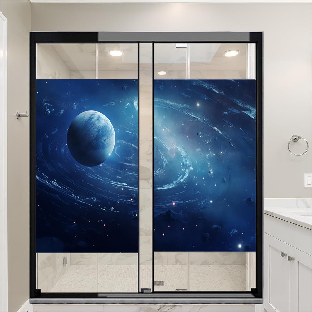 Fantasy Galaxy System Window Film Sun Blocking Abstract Space View Earth House Window Tint Film Adhesive Glass Sticker Coverings for Home Decorative 31.5Wx55.1L-inch x2 Pcs