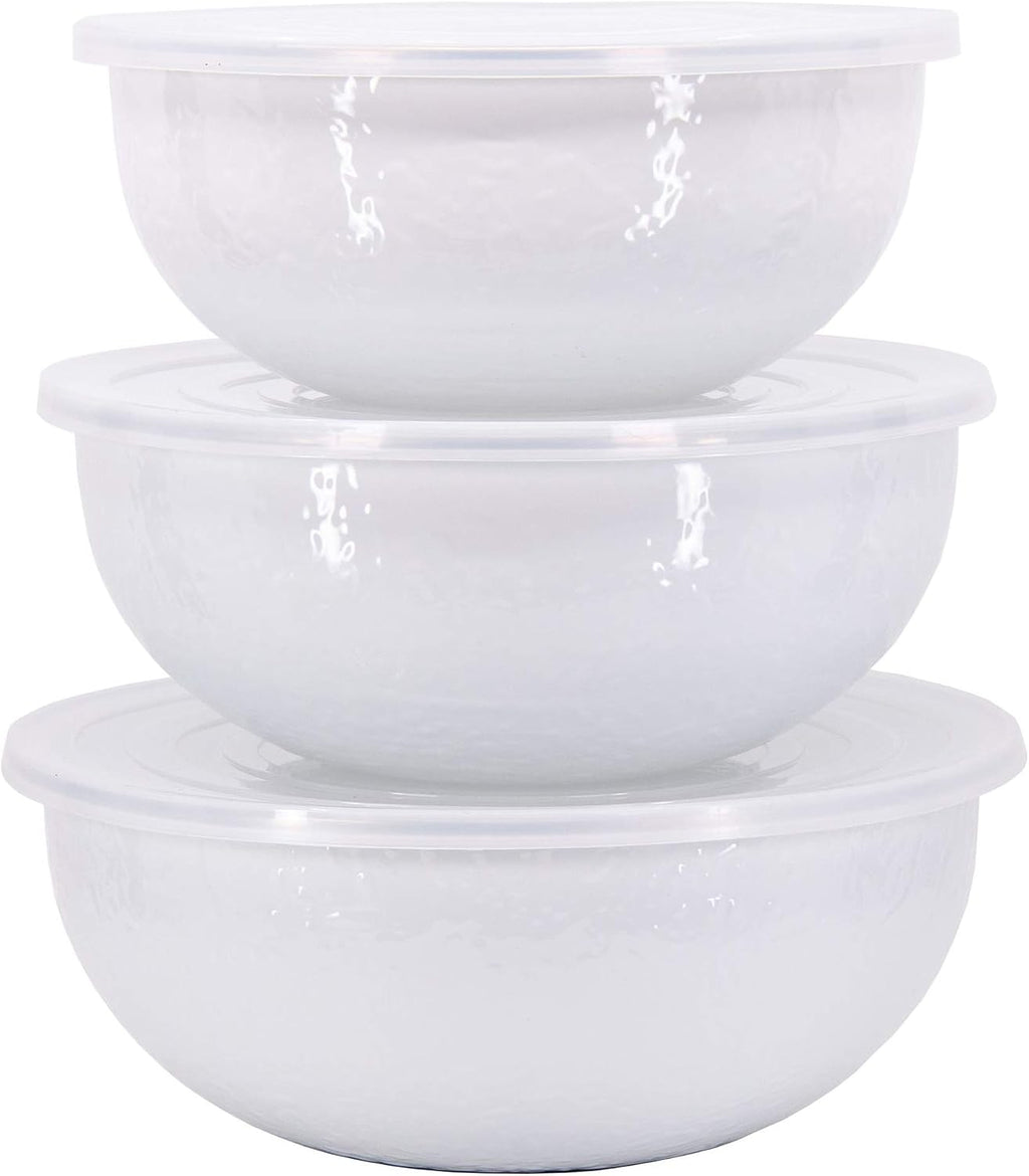 Golden Rabbit Enamelware Nested Mixing Bowls with Lids, Set of 3, Solid White Textured