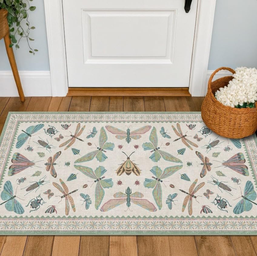 Hazo Haus Dark Green Insect Area Rugs 8x10 for Living Room, Dining Room Under Table, Bedroom, Unique Washable Floral Non Slip Low Pile Soft Rug