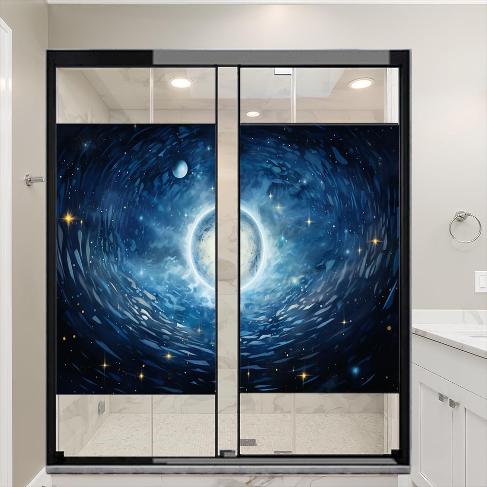 Abstract Universe Privacy Window Film Blue Galaxy Mysterious Planet Stained Glass Window Coverings Adhesive Sticker Frosted Window Film for Home Office Stores 31.5Wx47.2L-inch x2 Pcs