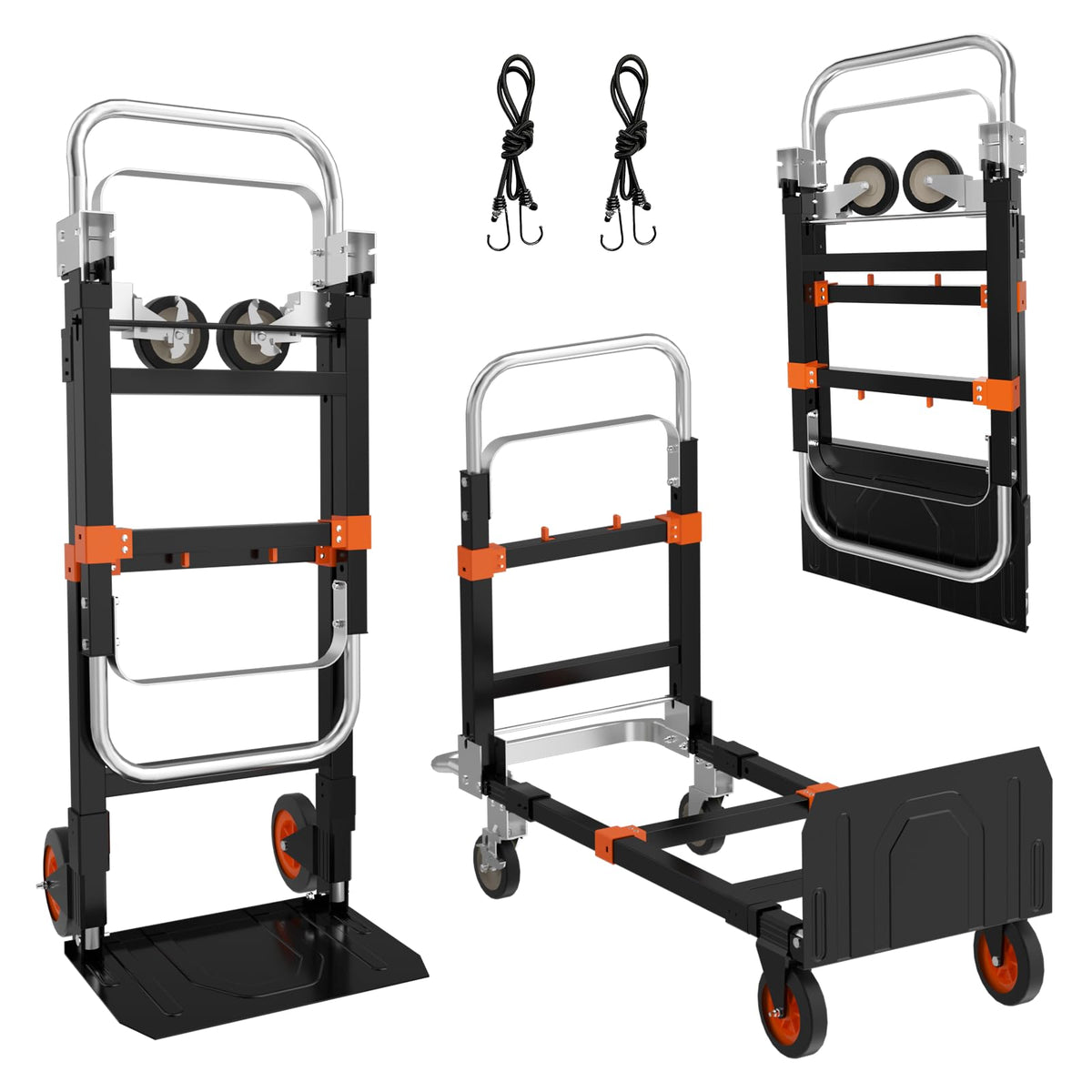 3 in 1 Folding Hand Truck, 600Lbs Capacity, Heavy Duty Collapsible Cart with Retractable Handle and 4 Rubber Wheels, Moving Dolly for Moving Home, Office, Food Service, Shopping Mall, Warehouse