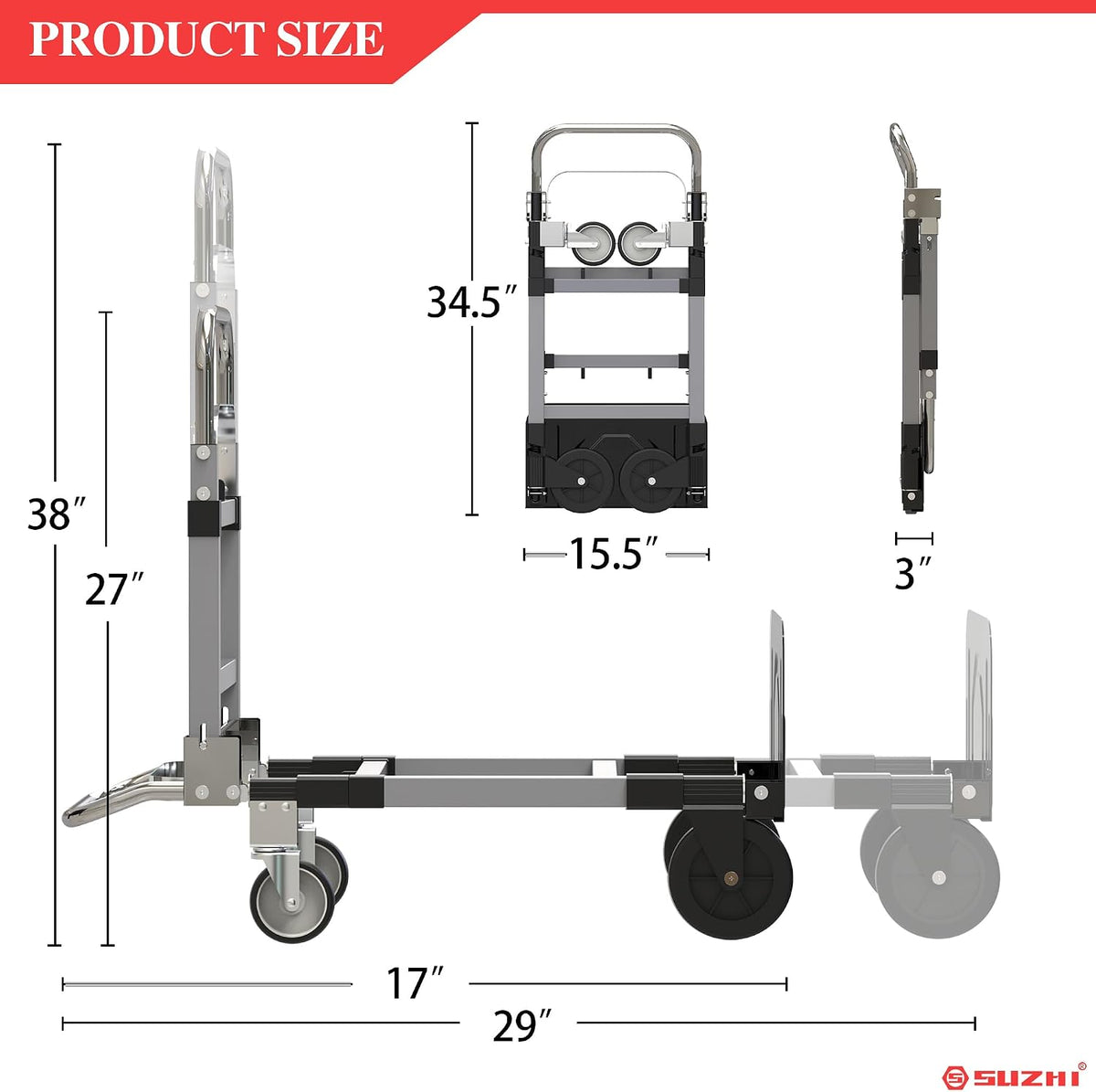 Suzhi Convertible Hand Truck Dolly Cart Heavy Duty/with 4 Wheels, 500 Lbs Load, 2 Straps for Moving Furniture/Appliance/Carton/Warehouse/Office
