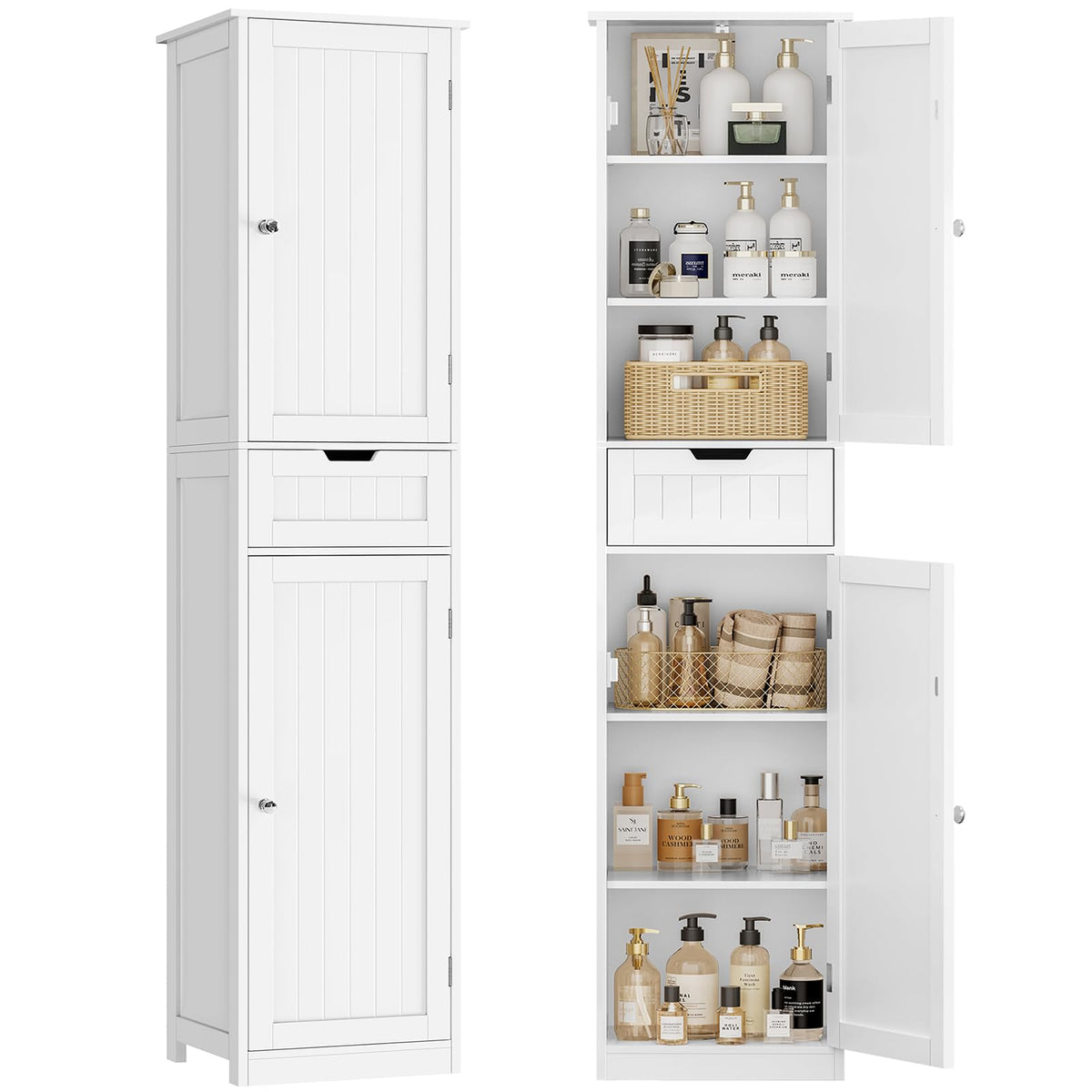 TEENFON Storage Cabinet, Pantry Cabinet with 2 Adjustable Shelves & Large Drawer, Kitchen Pantry Cabinet with 4 Doors, Bathroom Storage Cabinets, for Living Room, White