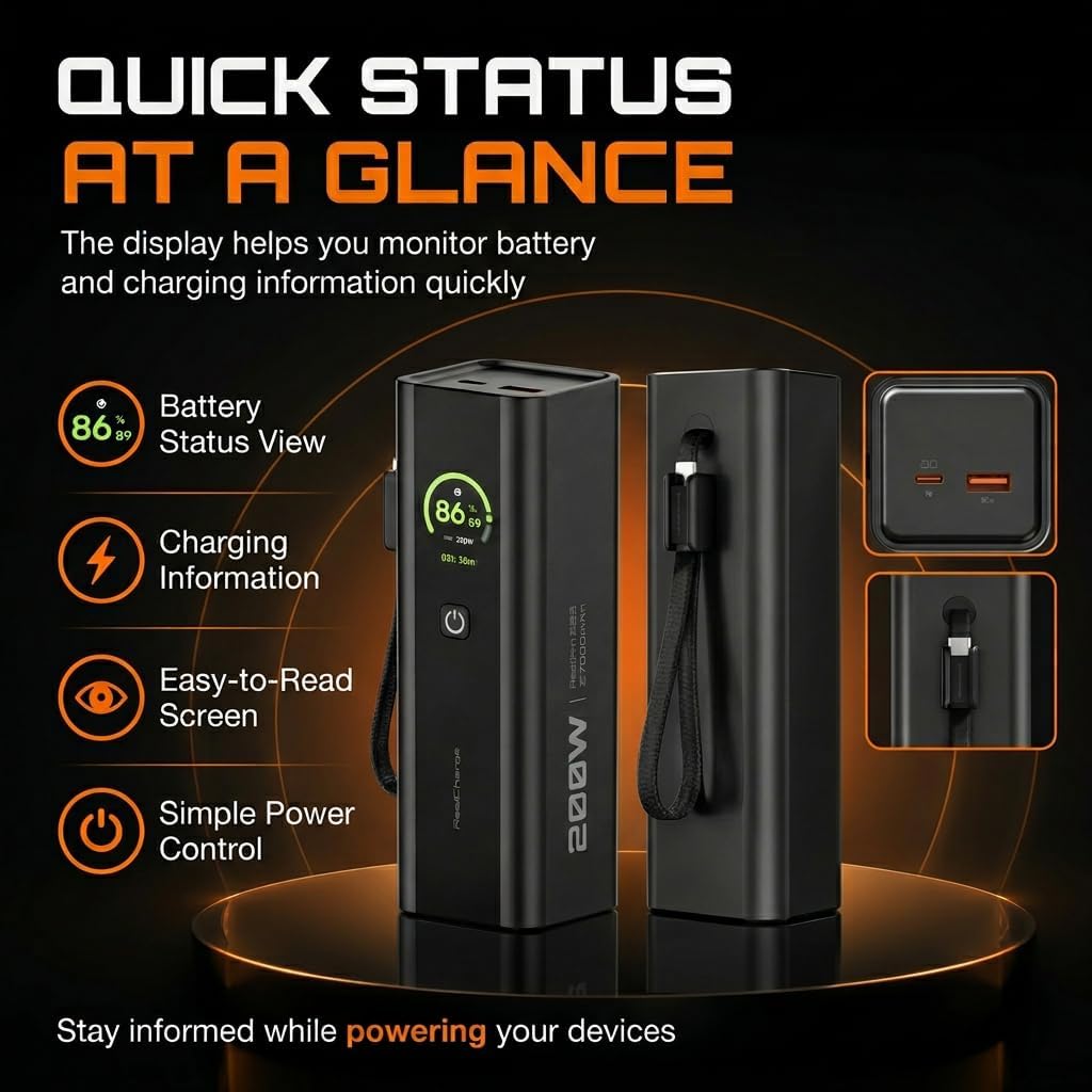 ReelPro Portable Charger Power Bank 20000mAh, 165W Built In Cable