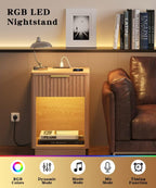 Akxomel Fluted Nightstand Set 2 Bedside Table with Charging Station Oak