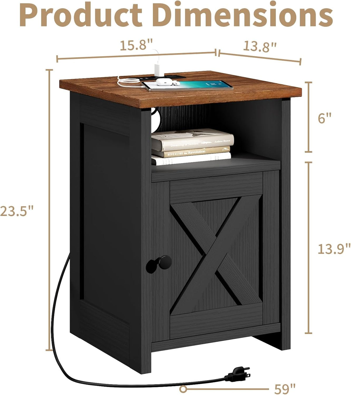 Farmhouse End Table Set of 2 w/Charging Station, Nightstands w/Barn Door & Storage Shelf, Rustic Bedside Table for Living Room, Bedroom, Entryway, Office, Small Spaces, Black