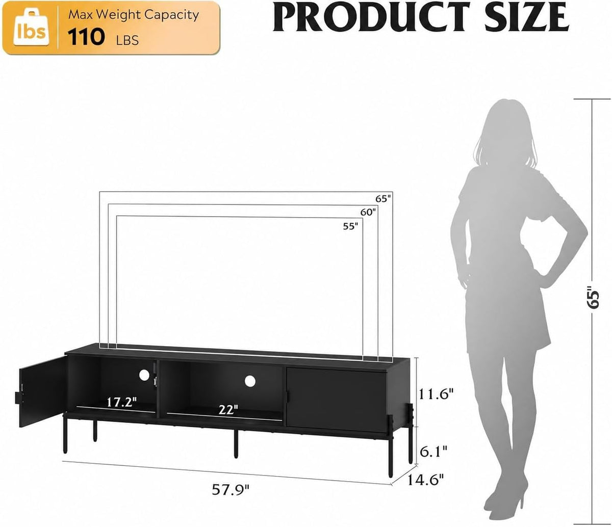 WLIVE 58" TV Stand for 65 Inch TVs, Black Media Console with Metal Legs