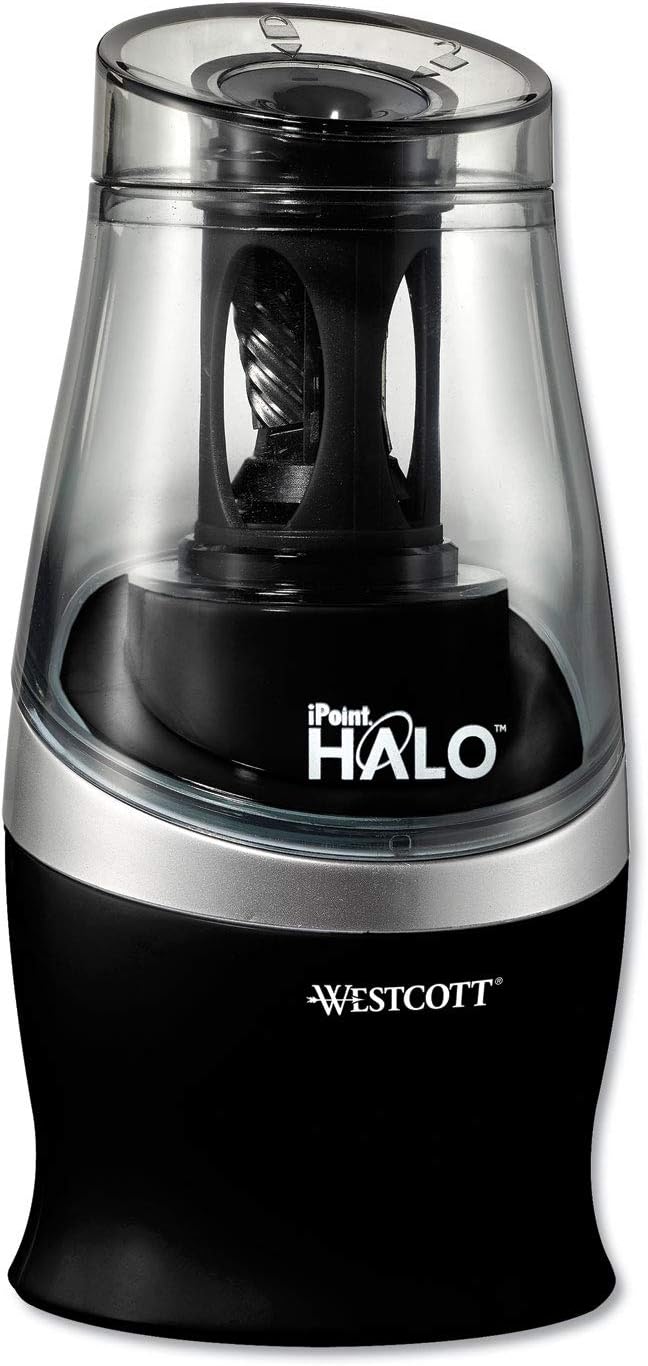 Westcott Halo Colored Pencil Non-Stick Electric Sharpener, Ac-Powered, 3.5 X 6.75, Black/Silver