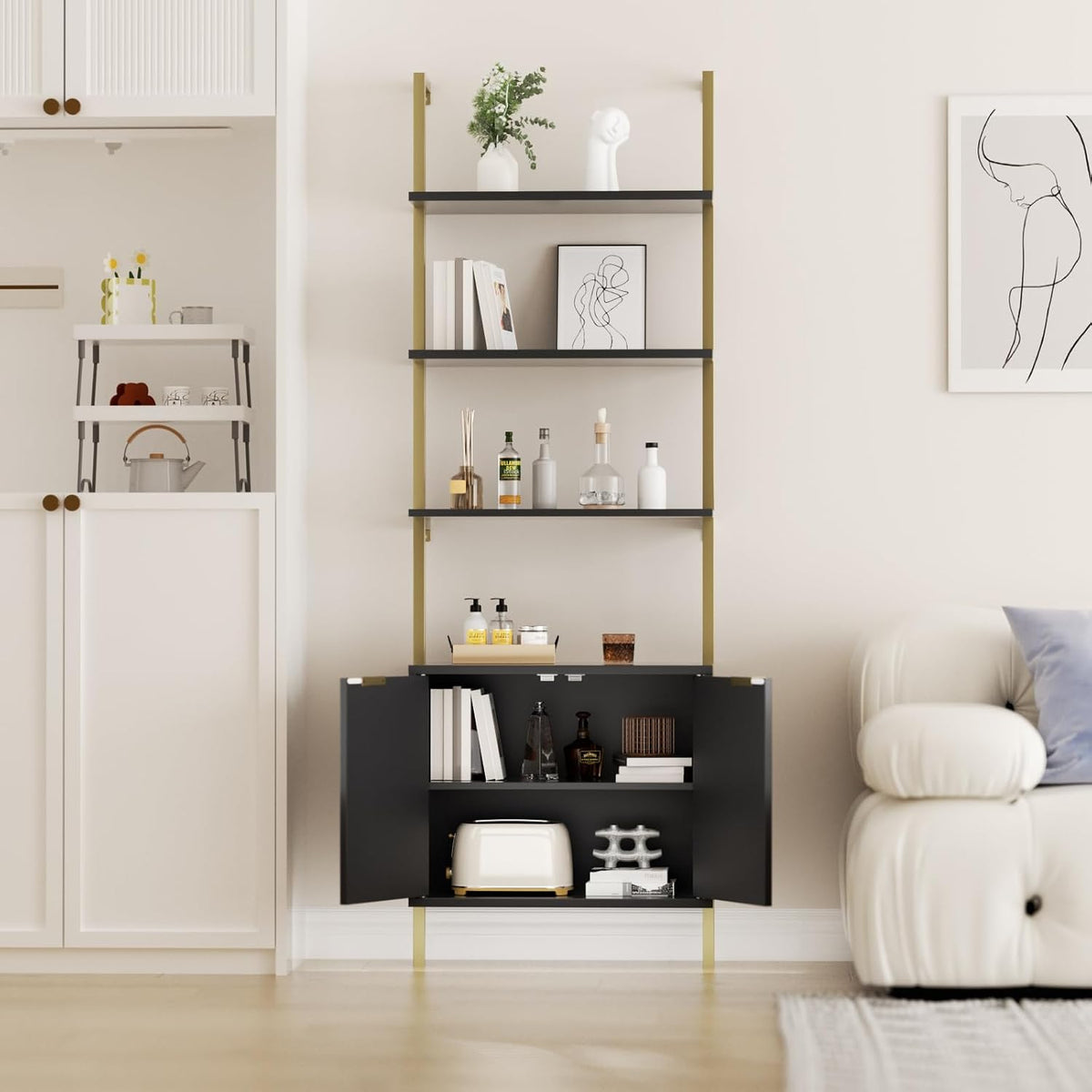 Halitaa 71”Ladder Shelf with Storage Cabinet, Wall Mounted Ladder Bookshelf