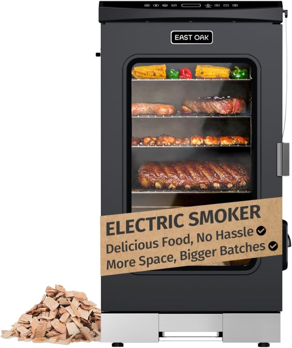 EAST OAK 30" Electric Smoker for Outdoors | Built-in Meat Probe & Clear Viewing Window | Side Chip Loader for 6x Longer Uninterrupted Smoking | 725 sq in Cooking Area for Bigger Batches, Mist Black