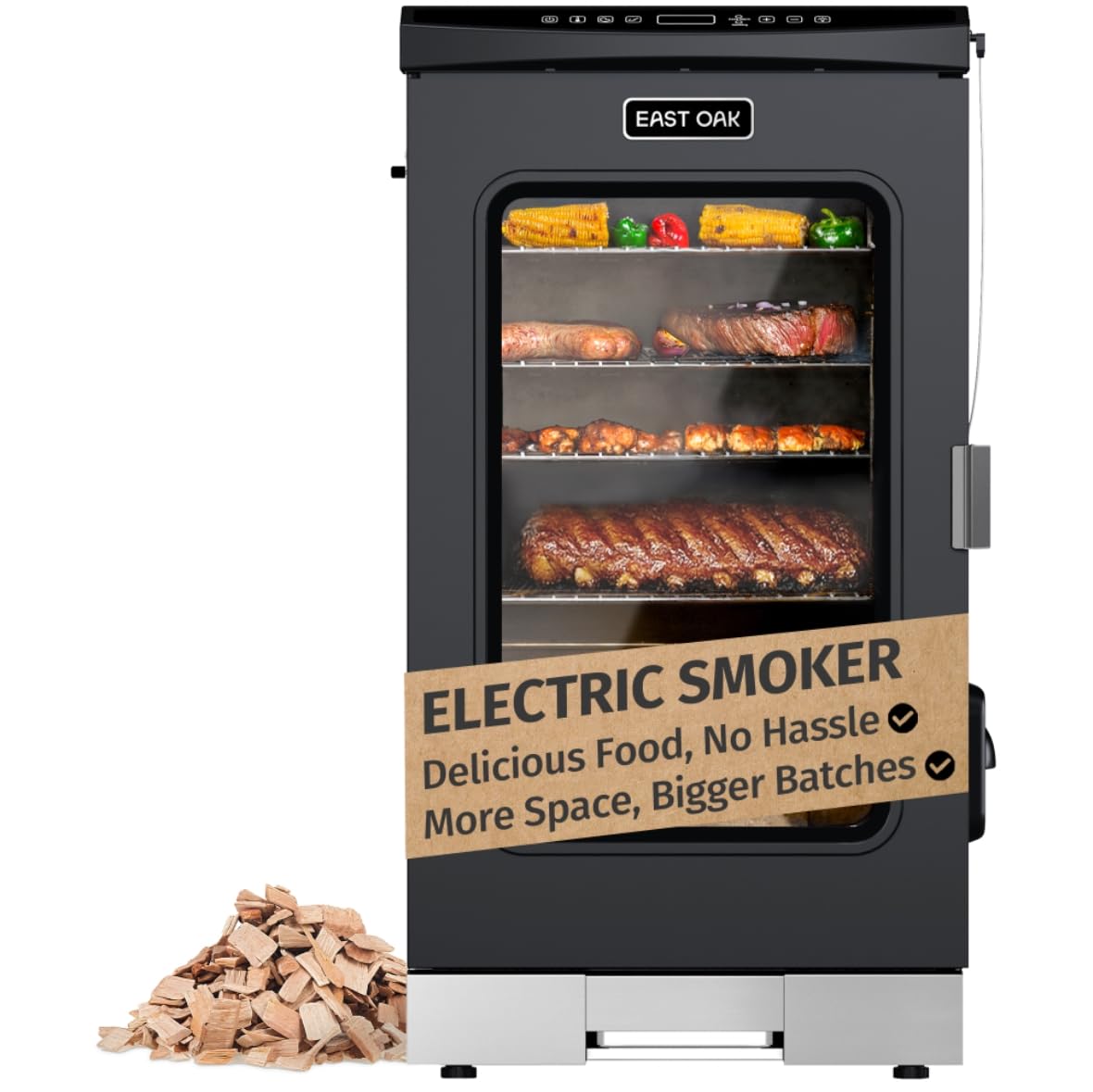 EAST OAK 30" Electric Smoker for Outdoors | Built-in Meat Probe & Clear Viewing Window | Side Chip Loader for 6x Longer Uninterrupted Smoking | 725 sq in Cooking Area for Bigger Batches, Mist Black