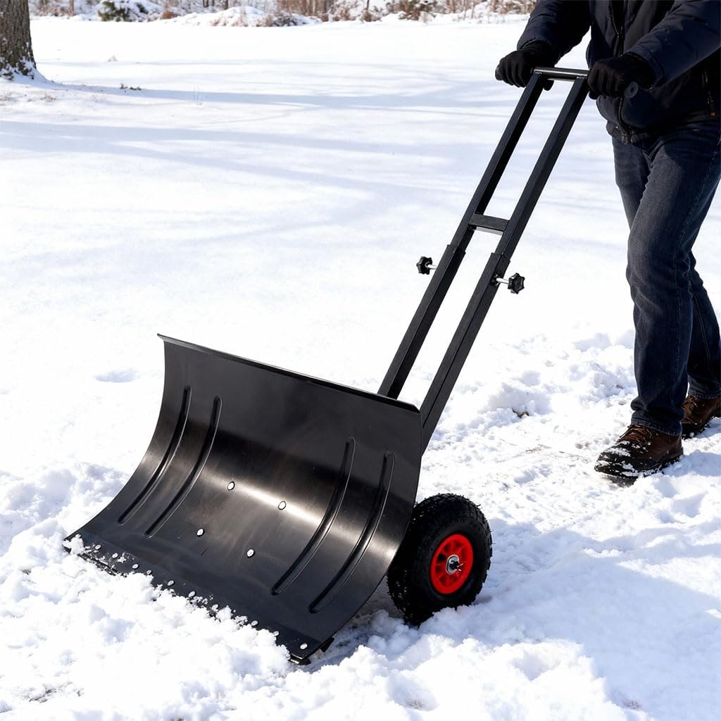 475 sq.in Snow Shovel with Wheels for Driveway, Adjustable Wheeled Snow Pusher with 5-Way Blade Angle and Ergonomic Handle, Heavy Duty Snow Removal Tool for Sidewalk Yard Patio,Black