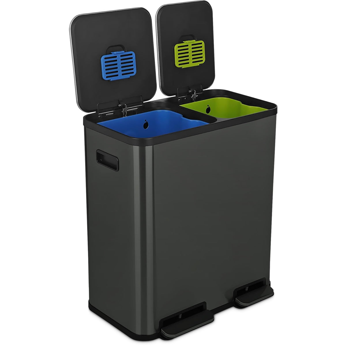 SIMPLI-Magic 21 Gallon (80L) Dual Compartment Kitchen Trash Can - Hands-Free Step Pedal, Soft-Close Lid, Stainless Steel Recycling Bin with Odor Filter (40L + 40L)