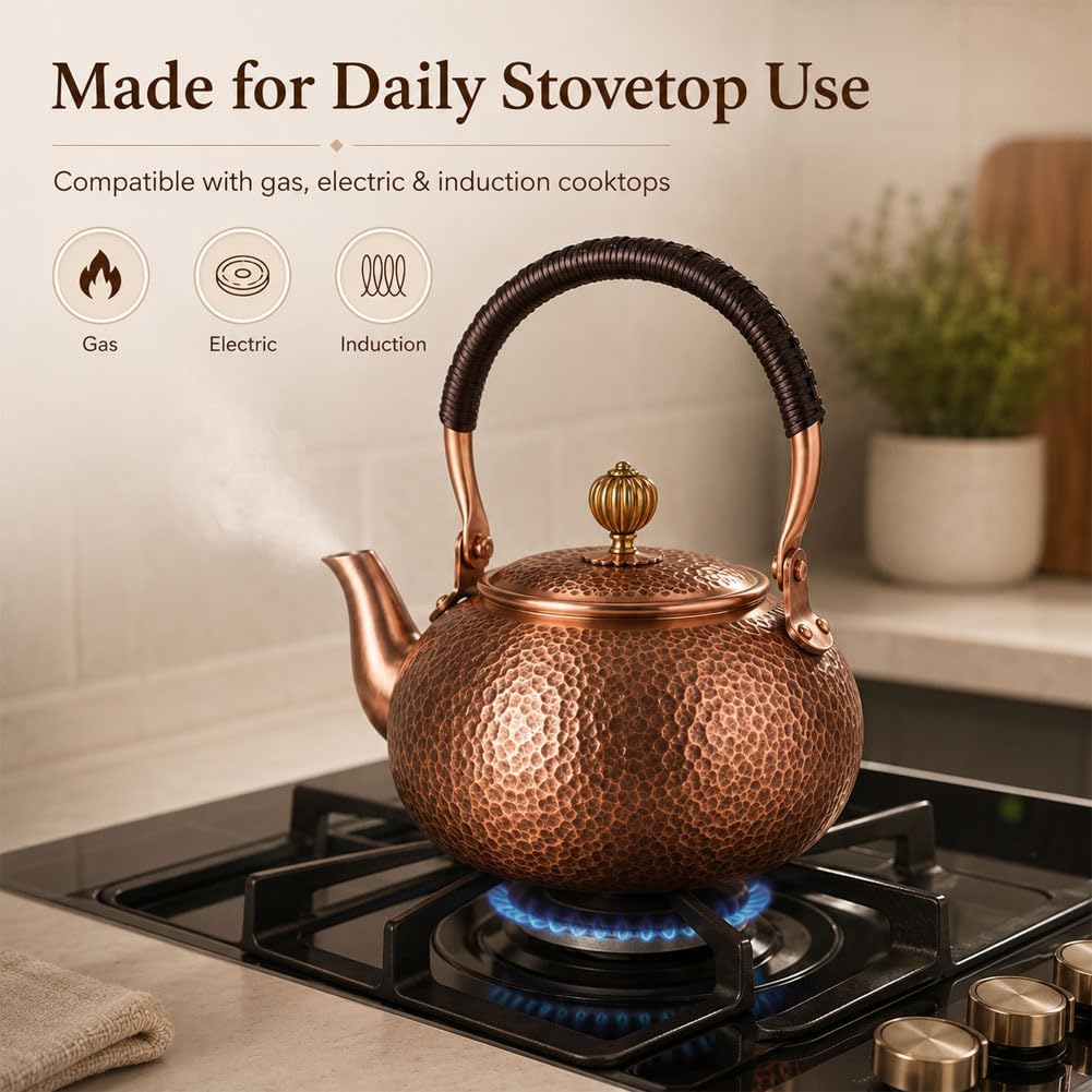 Handmade Copper Stovetop Teapot Kettle, Solid Copper Tea Kettle with Vintage Hammer Design, Thickened Household Boiling Teapot for Induction, Electric, Easy to Clean (B*1500ML)