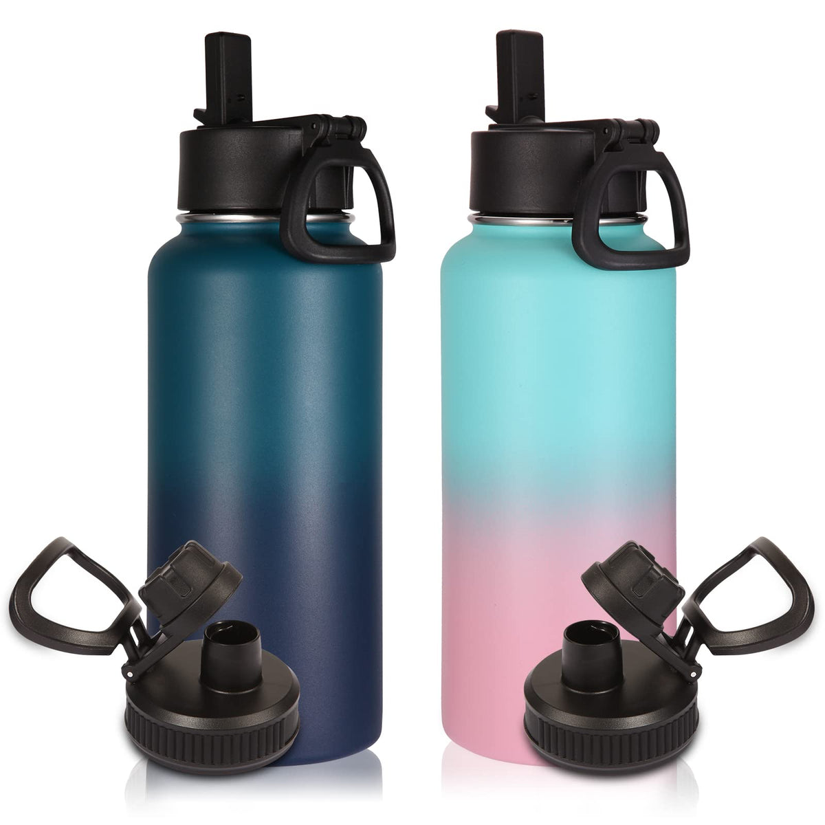 Volhoply 32oz Insulated Water Bottle with Straw Lid, Black, 8-Pack