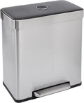 Amazon Basics Dual Compartment Recycling Trash Can with Soft-Close Lid, Fingerprint Resistant, Removable Liner Buckets, 60 Liters, Rectangular, Grey, Silver