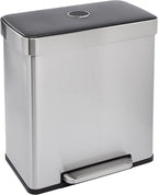 Amazon Basics Dual Compartment Recycling Trash Can with Soft-Close Lid, Fingerprint Resistant, Removable Liner Buckets, 60 Liters, Rectangular, Grey, Silver