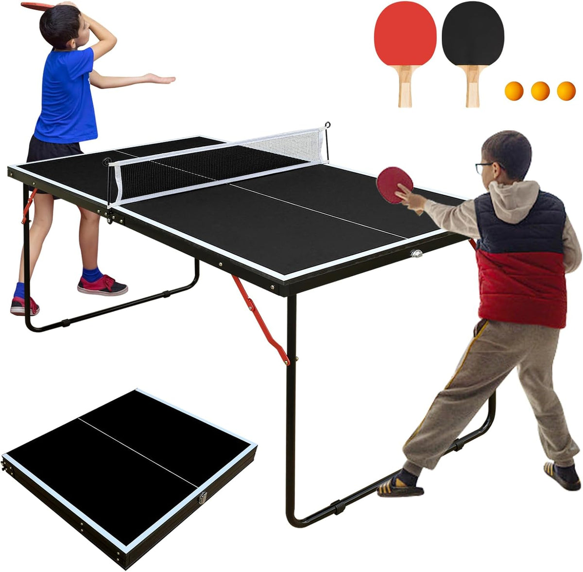 4.5/6ft/9ft Mid-Size Portable Ping Pong Tables Set, Foldable Table Tennis Table with Net,2 Paddles & 3 Balls, Multi-Use Free Standing Ping Pong Table for Indoor/Outdoor