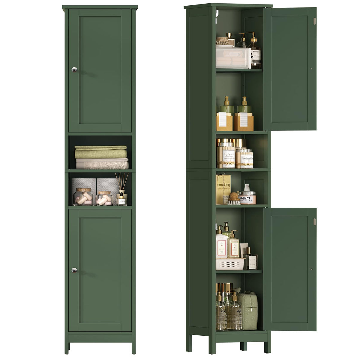 TEENFON Tall Bathroom Storage Cabinet with 4 Doors & 2 Adjustable Shelves