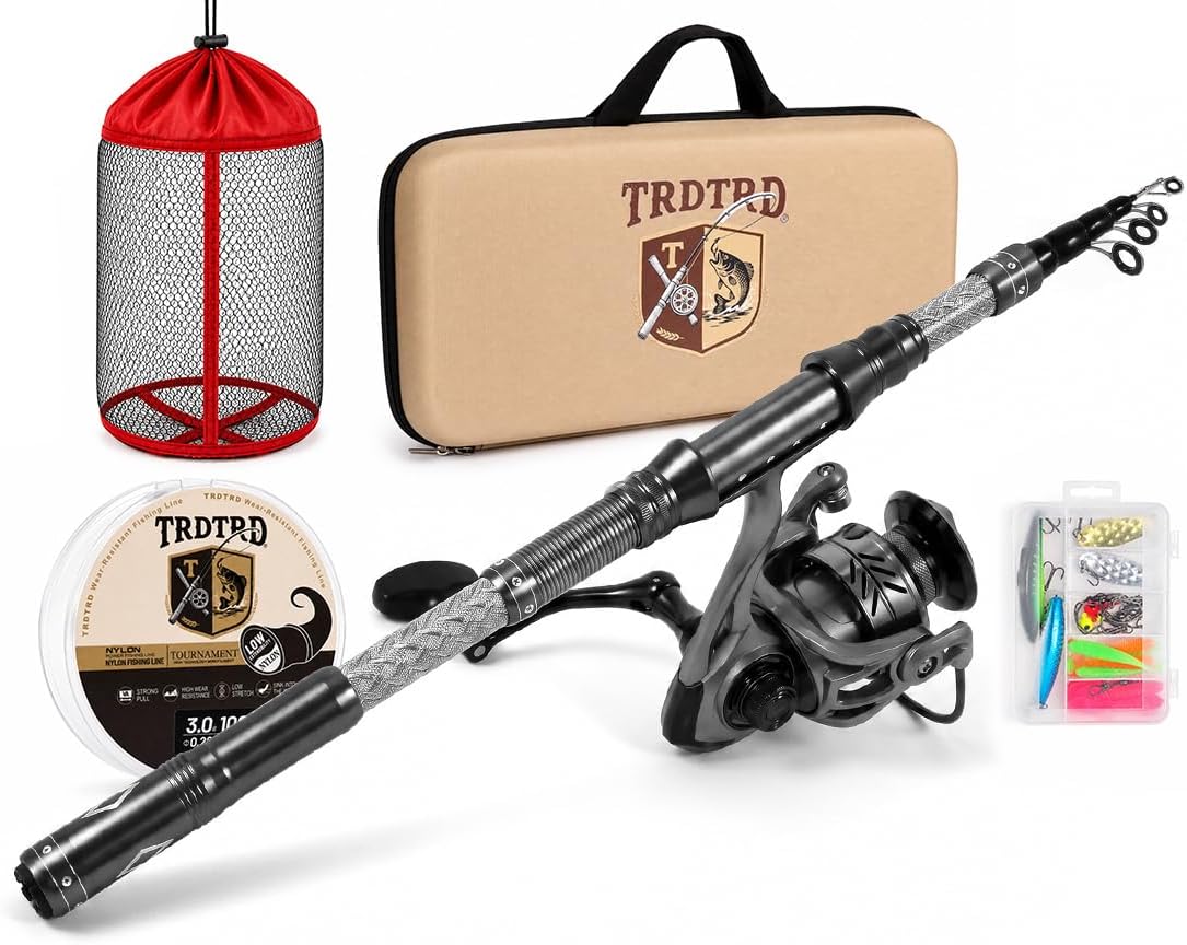Fishing Rod and Reel Combo Kit—Telescopic Fishing Rod, Collapsible Fishing Rod, Portable Fishing Set w/Tackle Box, Lures & Bag, 4.2oz Carbon Fiber, 5.2:1 Anti-Twist Reel, Freshwater/Light Saltwater