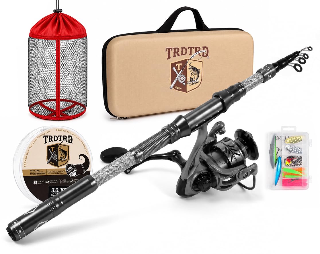 Fishing Rod and Reel Combo Kit—Telescopic Fishing Rod, Collapsible Fishing Rod, Portable Fishing Set w/Tackle Box, Lures & Bag, 4.2oz Carbon Fiber, 5.2:1 Anti-Twist Reel, Freshwater/Light Saltwater