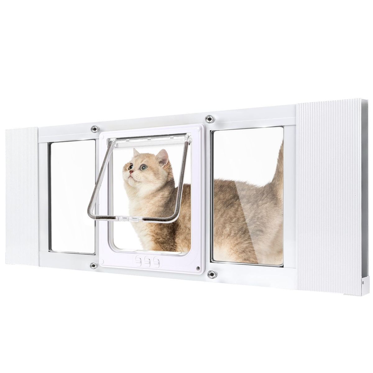Cat Door for Window & Small Dog, Quick Damage-Free Install, 21"-23 4/5" Width Adjustable, All Aluminum Frame, 4-Way Lock, Magnetic Closure, Extra Window Lock & Sealing Strips (XS)