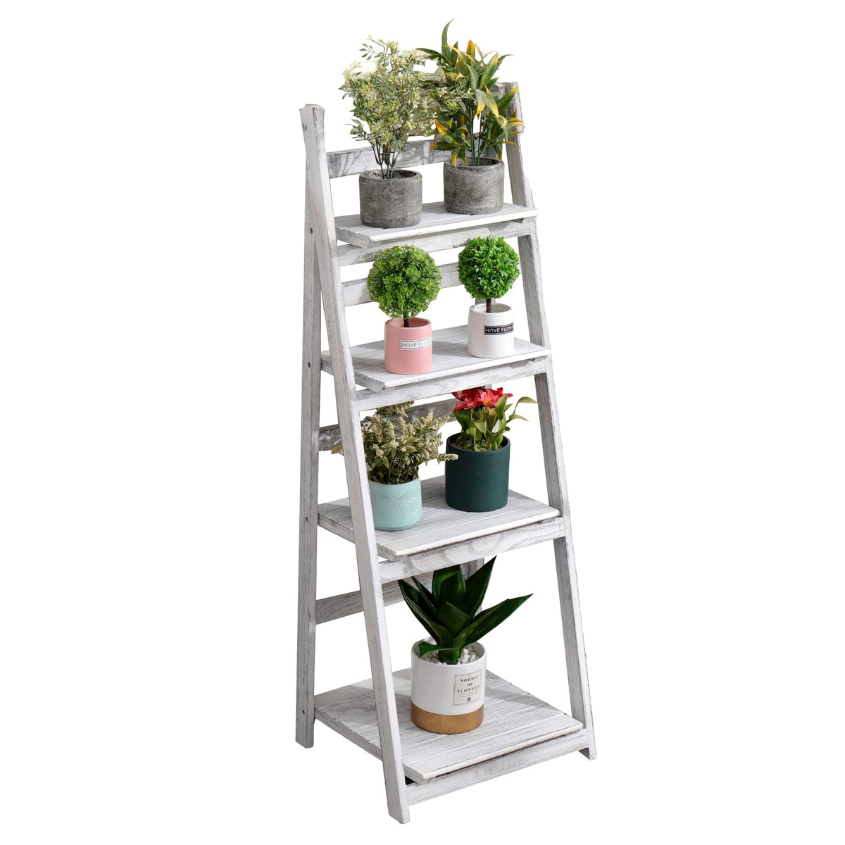 ACEHOME 4 Tier Ladder Bookshelf, 45.7 Inch Home Office Bookcase, Industrial Ladder Shelf, Freestanding Storage Organizer Rack, Solid Wood Shelf with for Bedroom, Living Room, Home Office-White