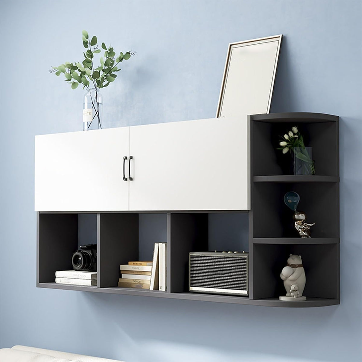 Floating Wall Storage Cabinet, Wall Mounted Bookshelf with Cabinet Doors and Open Shelving, Corner Wall Organizer for Bedroom Living Room Home Office(Black,120x65cm/47.2x25.6in)