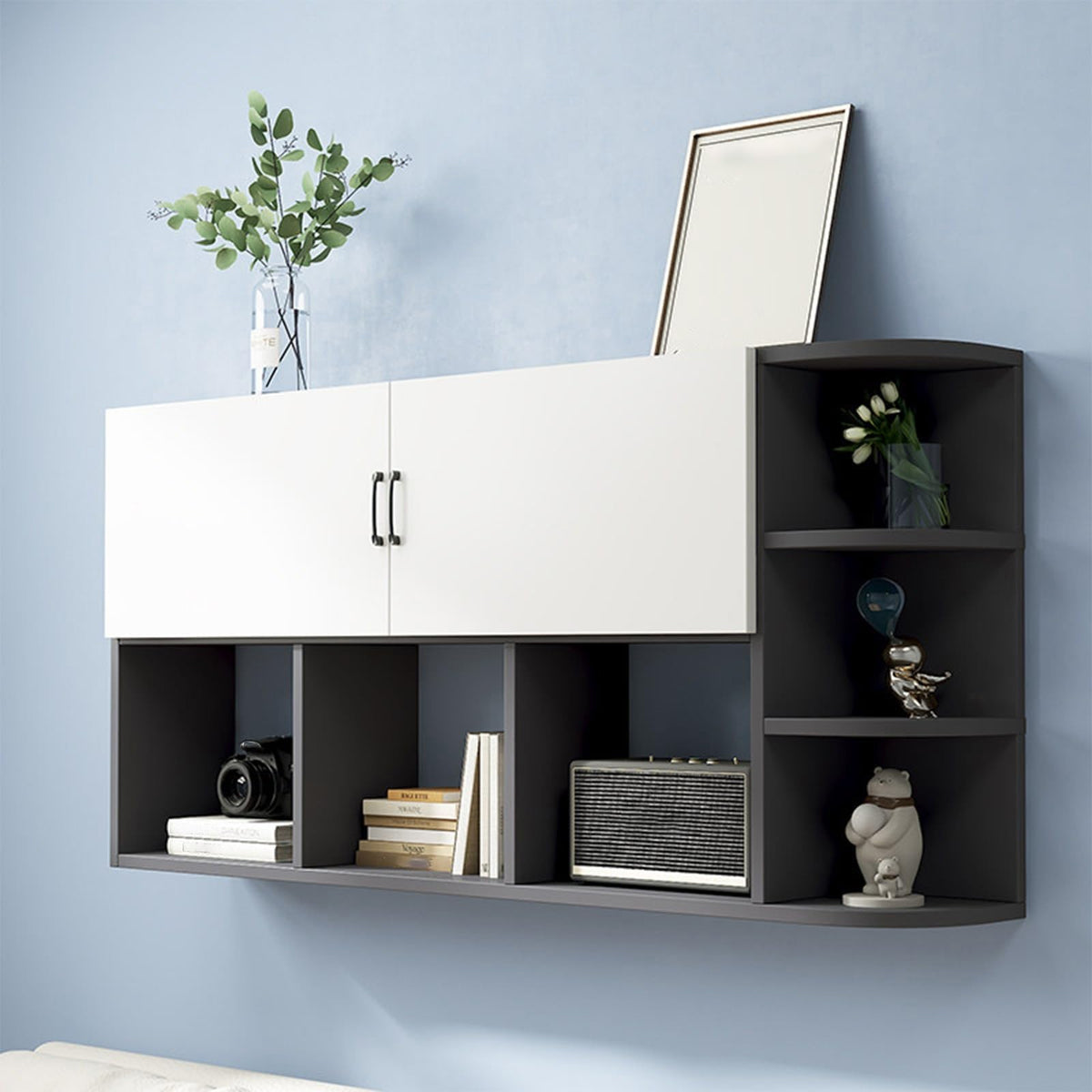 Floating Wall Storage Cabinet, Wall Mounted Bookshelf with Cabinet Doors and Open Shelving, Corner Wall Organizer for Bedroom Living Room Home Office(Black,120x65cm/47.2x25.6in)