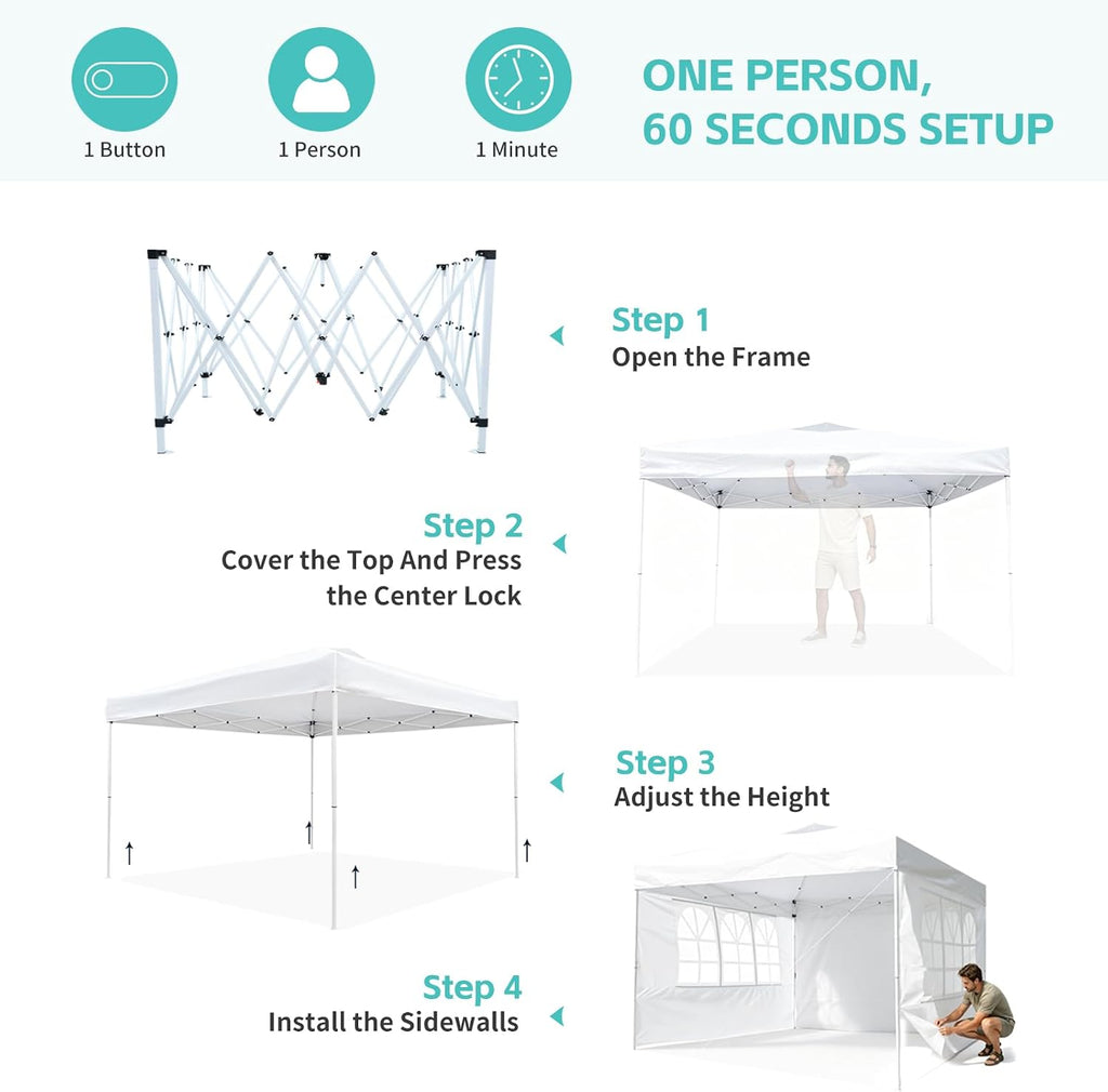10x10 One Push Pop Up Canopy Tent with Vented Roof, White