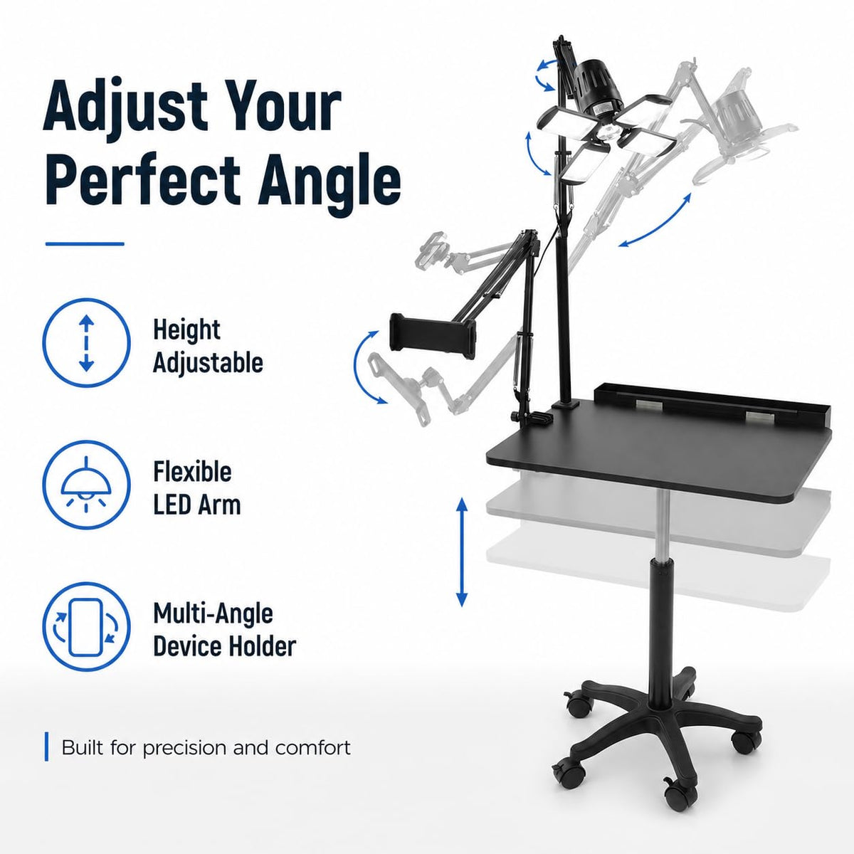 Professional Tattoo Workstation with LED Light, Adjustable Tattoo Artist Table with 6-9in Holder, Rolling Tattoo Desk Cart with Lockable Wheels, Mobile Tattoo Trolley for Studio Salon
