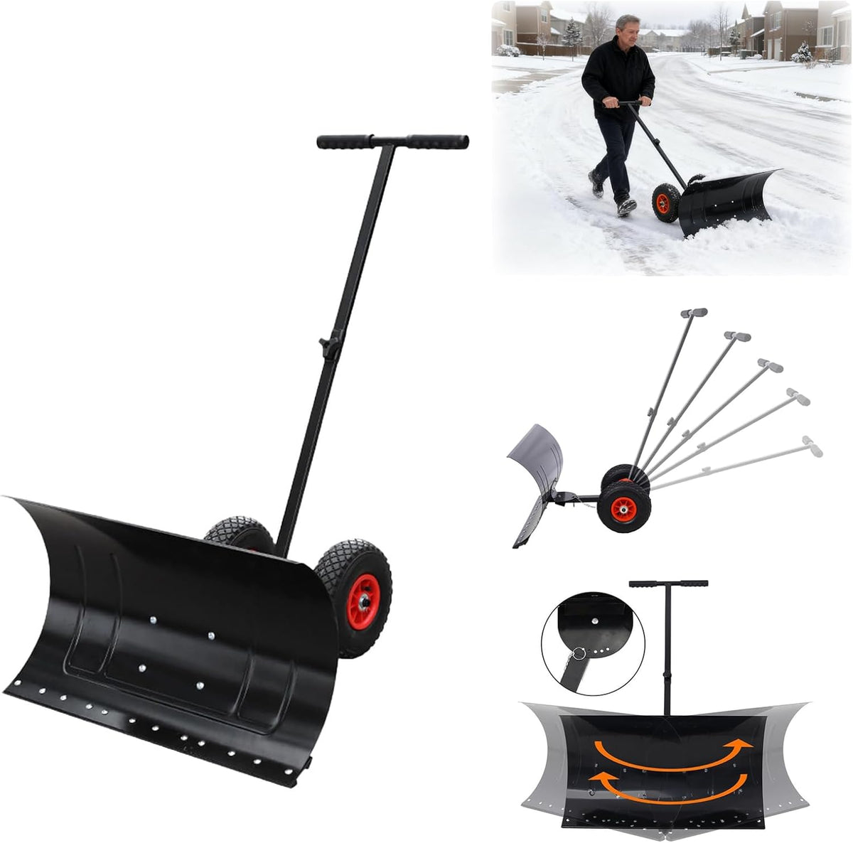 Snow Pusher with Wheels, 29" Wide Snow Shovel for Driveway, 5-Position Angle & Height Handle Ergonomic Design for Back-Save Effort Snow Removal (Single Rod-W 29'')