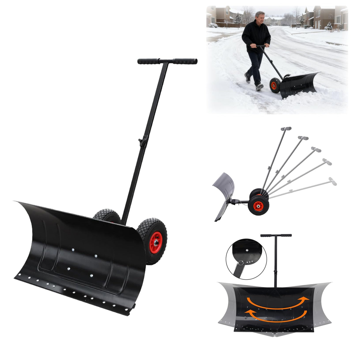 Snow Pusher with Wheels, 29" WideSnow Shovel for Driveway, 5-Position Angle & Height Handle Ergonomic Design for Back-Save Effort Snow Removal (Double Rod-W 29''-B)