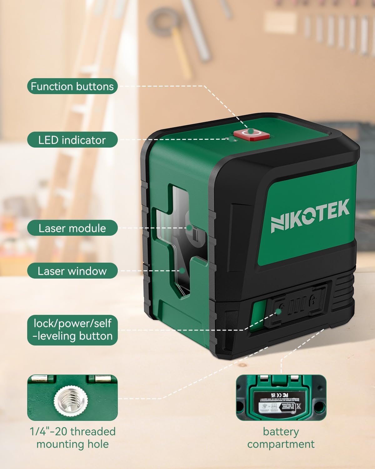 Nikotek Laser Level, Self-leveling Green Line Laser With Horizontal and Vertical Lines for Construction and Picture Hanging, Battery Included (NK01G)