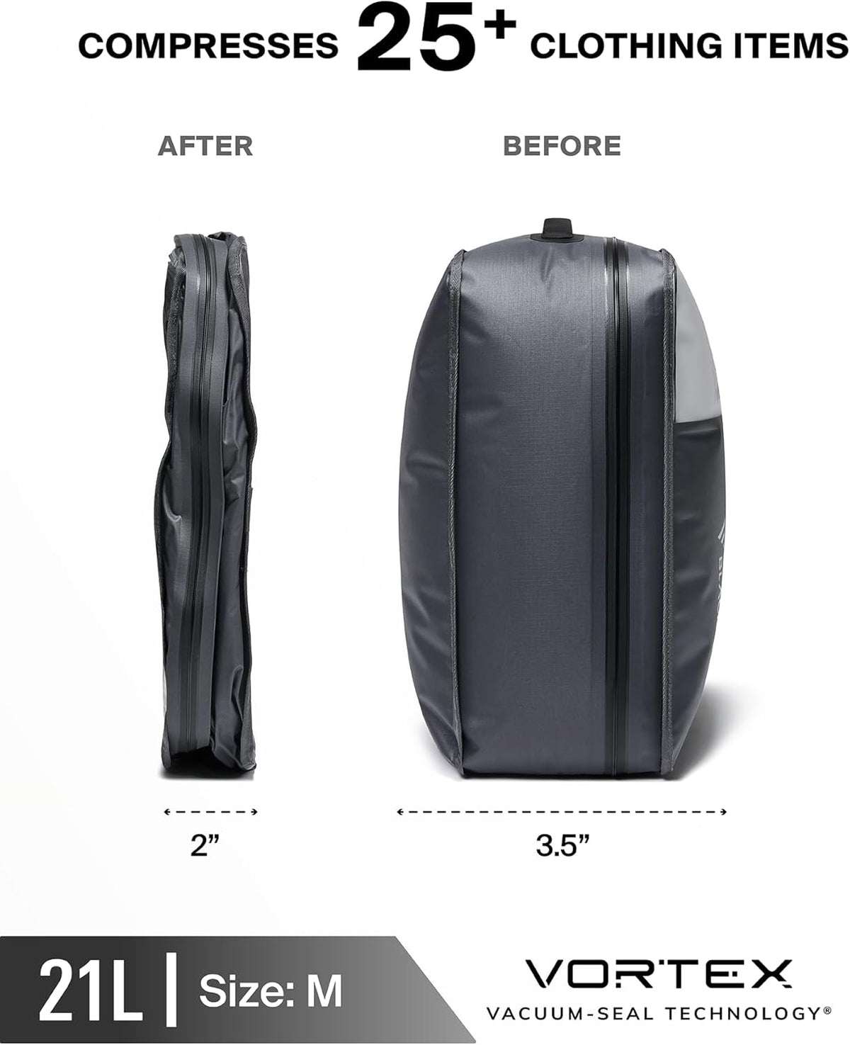 Black Voyage Reusable Vacuum Compression Travel Bag for Carry-On Suitcase and Backpack, Recycled IPX8 Waterproof Space Saver Vacpack (2-Pack, 21L - Pump Included)
