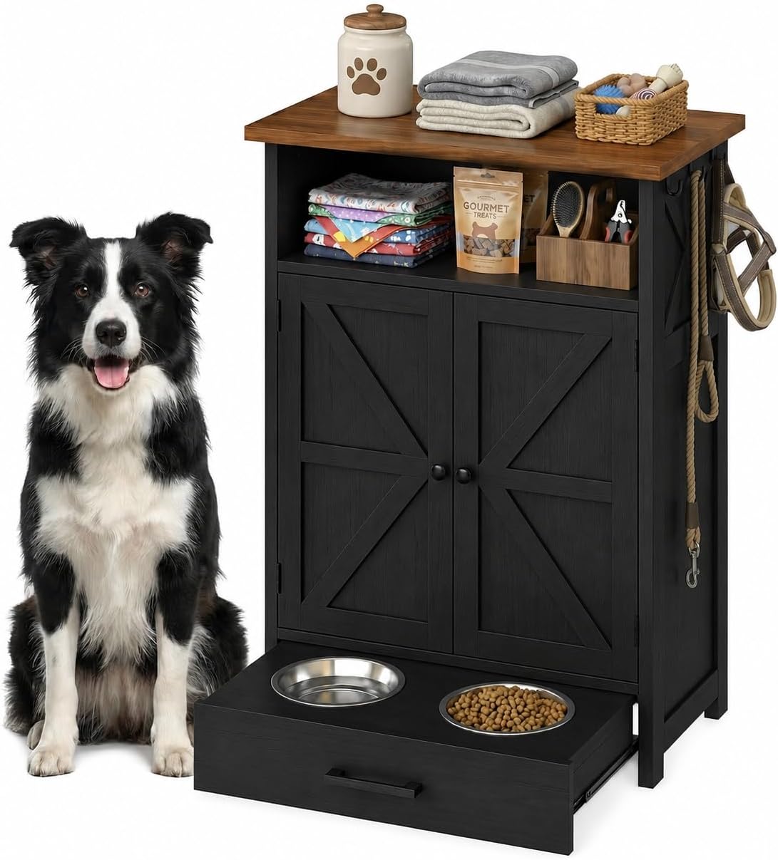 Dog Feeding Station with Storage Cabinet, Raised 2 Elevated Dog Bowls with Hidden Drawer, Pet Feeding Station with Storage, Dog Food Storage Cabinet with 3 Side Hooks, Pet Storage Station