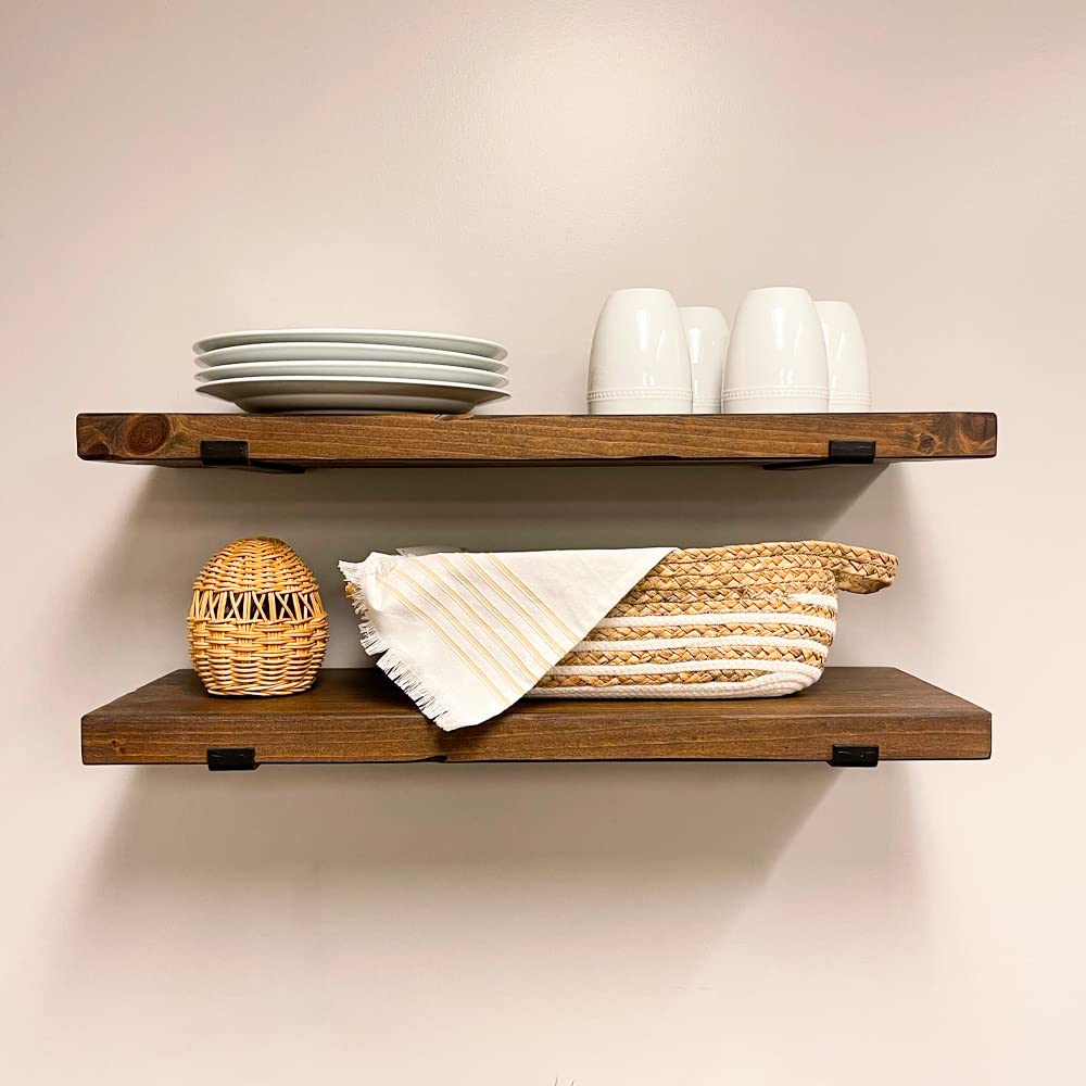 Rustic Shelves with J-Brackets Set of 2, Industrial Shelf, Kitchen Shelves, Solid Wood, Decorative Wall Storage, Heavy Duty, URBANDI (Provincial, 12Wx6D)
