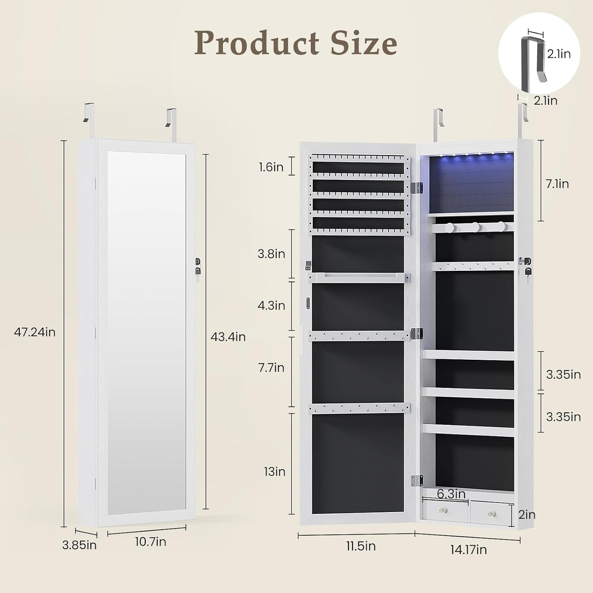 DUMOS 6 LEDs Mirror Jewelry Cabinet, Wall or Door Mounted Jewelry Organizer, 47.2-Inch Tall Lockable Large Capacity Cosmetic Storage, Gift Idea, White