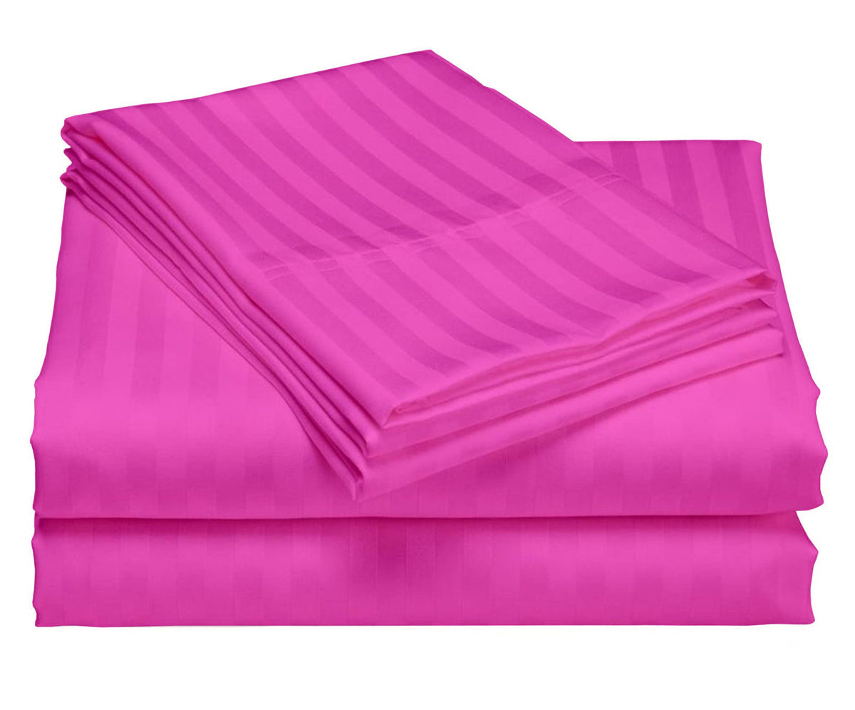 USA Queen Sheet Set in Hot Pink Stripe 400 Thread-Count 100% Egyptian Long Staple Cotton, Sateen Weave for Soft and Silky Feel, Breathable 4-Piece Bedsheet, Elasticized 24'' Extra Deep Pocket