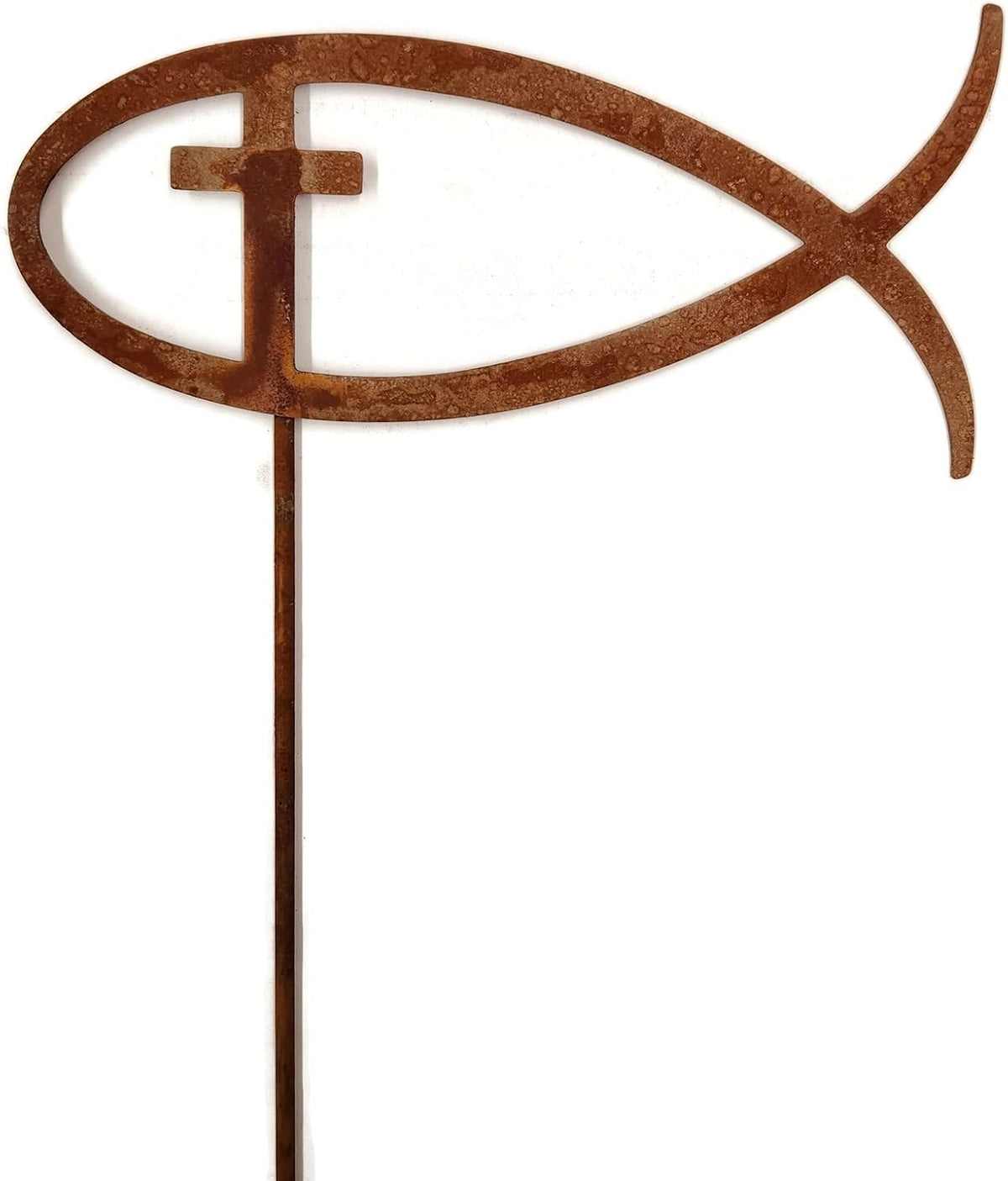 Christian Jesus Fish Metal Steel Garden Landscape Stake 20 to 33 Inches Tall (Jesus Fish with Cross 33" Tall Including Stake, Naturally Rusted)