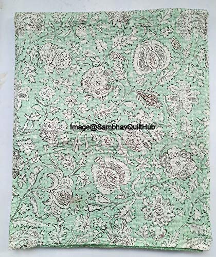 Indian Handblock Kantha Floral Printed Handmade Quilted Blanket Vintage Home Decorative KanthaThrow Blanket Kantha Bedcover Queen/King/CaliforiniaKing (Green, California King(108X108) inches)