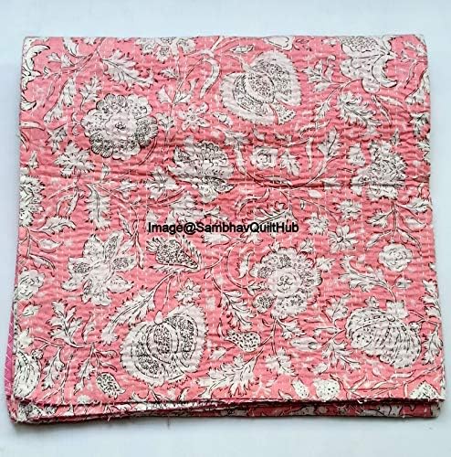 Indian Handblock Kantha Floral Printed Handmade Quilted Blanket Vintage Home Decorative KanthaThrow Blanket Kantha Bedcover Queen/King / CaliforiniaKing (Pink, Queen/king 90X108 inches)