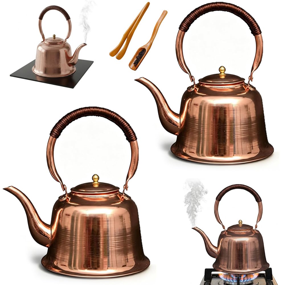 Solid Copper Tea Kettle for Stove Top, 1000ml Fast Boiling Vintage Copper Teapot, Easy to Clean Water Kettle for Induction, Gas & Electric Stoves