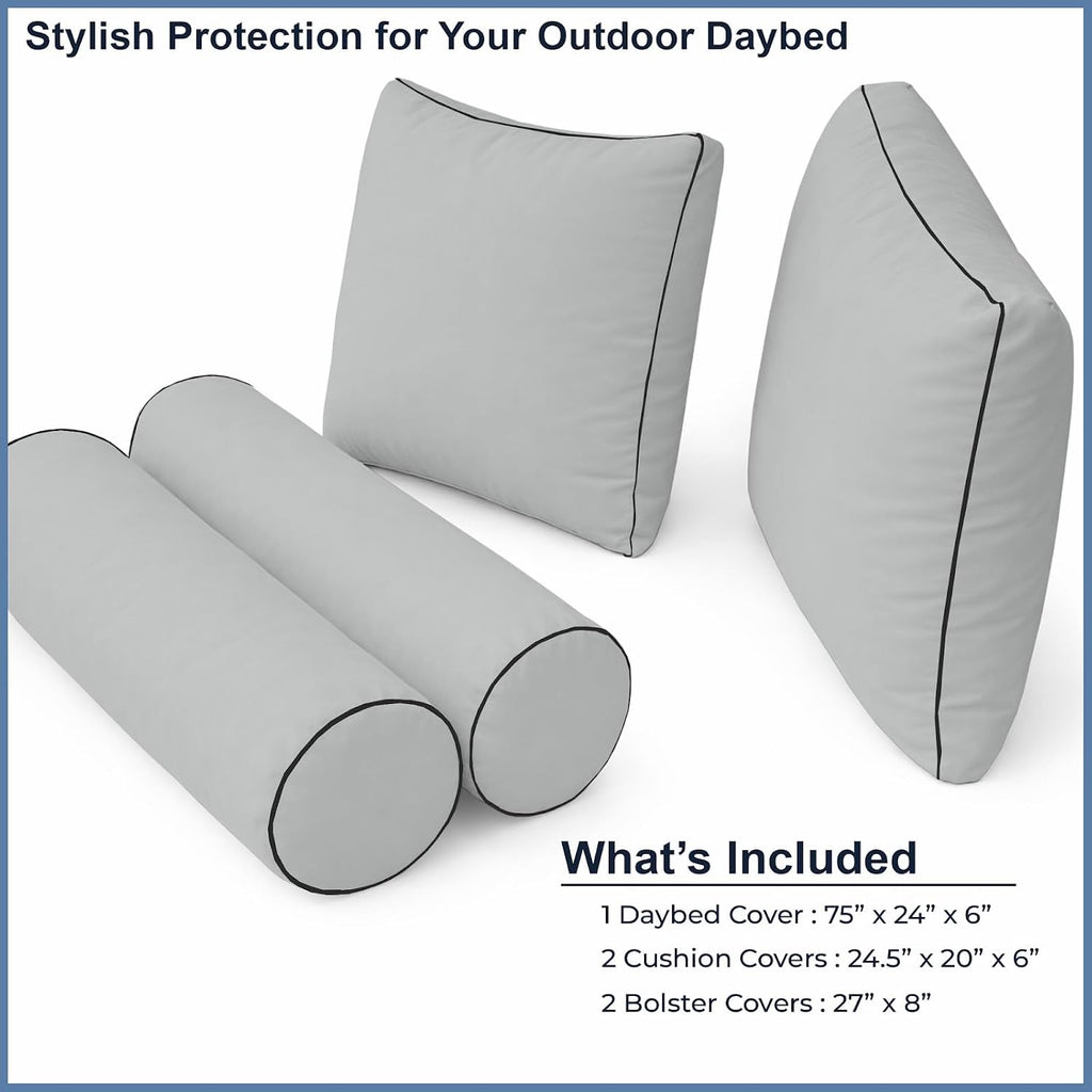 Cottington Lane 5 Piece Outdoor Daybed Cushion Cover Set, Twin Size Fitted 39" x 75" with 6" Deep Fit, Waterproof Indoor Daybed/Porch Swing Bed Mattress & Pillow Bolster Cushion Cover, Light Grey