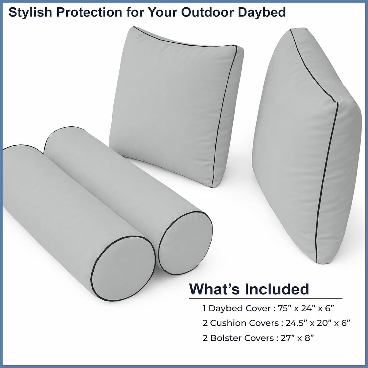 Cottington Lane 5 Piece Outdoor Daybed Cushion Cover Set, Twin Size Fitted 39" x 75" with 6" Deep Fit, Waterproof Indoor Daybed/Porch Swing Bed Mattress & Pillow Bolster Cushion Cover, Light Grey