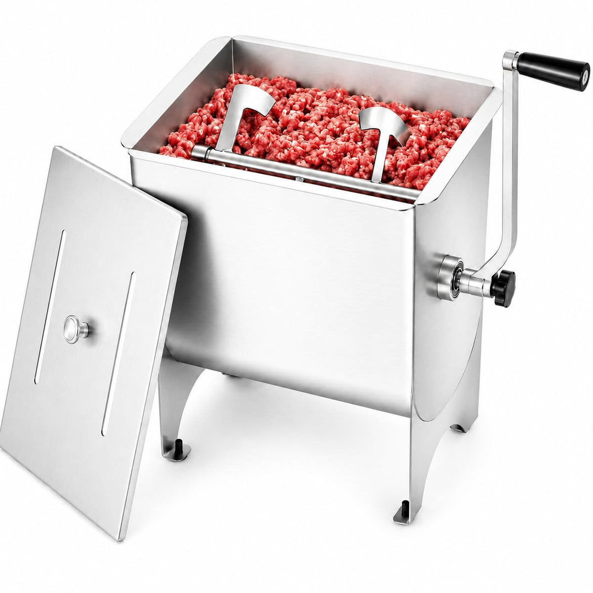 Manual Meat Mixer 44lbs Capacity Tub Stainless Steel Hand Crank Meat Mixer with Lid & Removable Paddle for Meat Processing Equipment