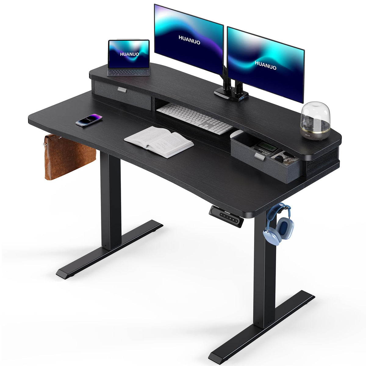 HUANUO 48″ x 28″ Electric Standing Desk with 2 Drawers, C-Clamp Mount Compatible, Height Adjustable Computer Desk, Home Office Stand Up Desk with 4 Preset Heights & 2 Hooks, Black