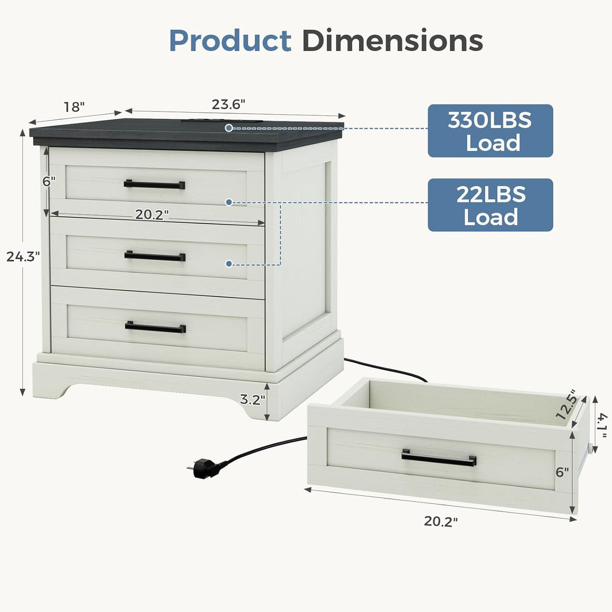 DUMOS Farmhouse Nightstand with Built-in Charging Station & USB Ports
