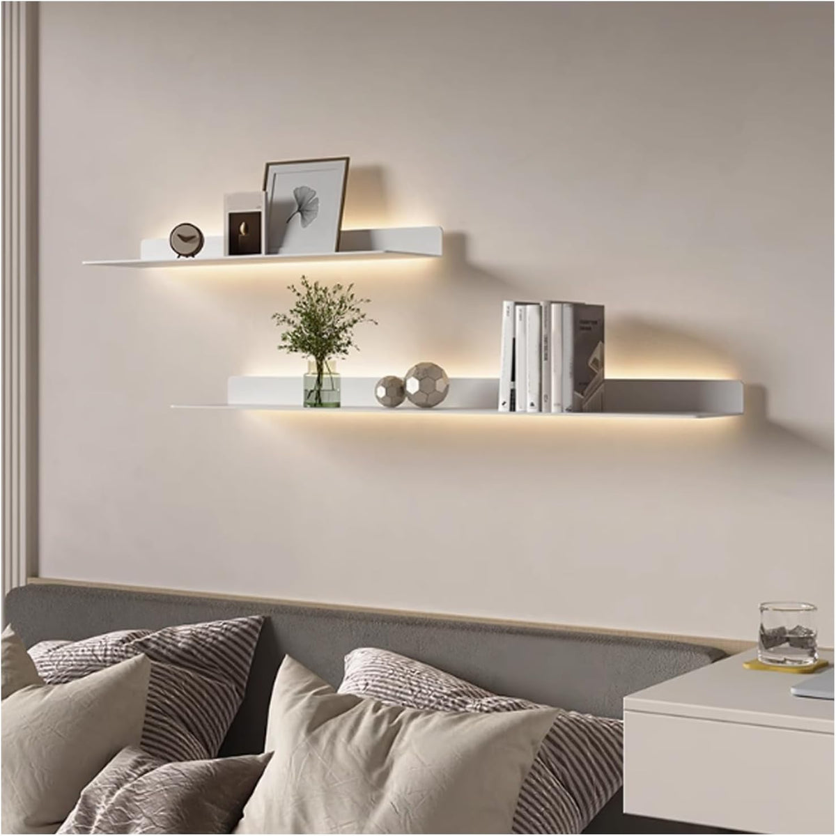 LED Floating Shelves Set of 2, Metal Wall Mounted Display Shelves with Built-in Lights, Modern Gold Floating Shelves for Living Room, Bedroom, Kitchen, Bathroom(White,100cm/39.3in)